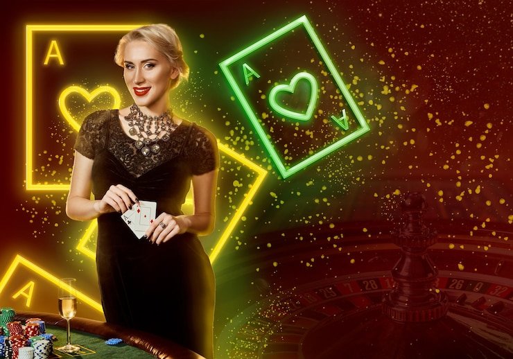 Tampilan meja kasino langsung buntogel88 dengan dealer dan permainan blackjack